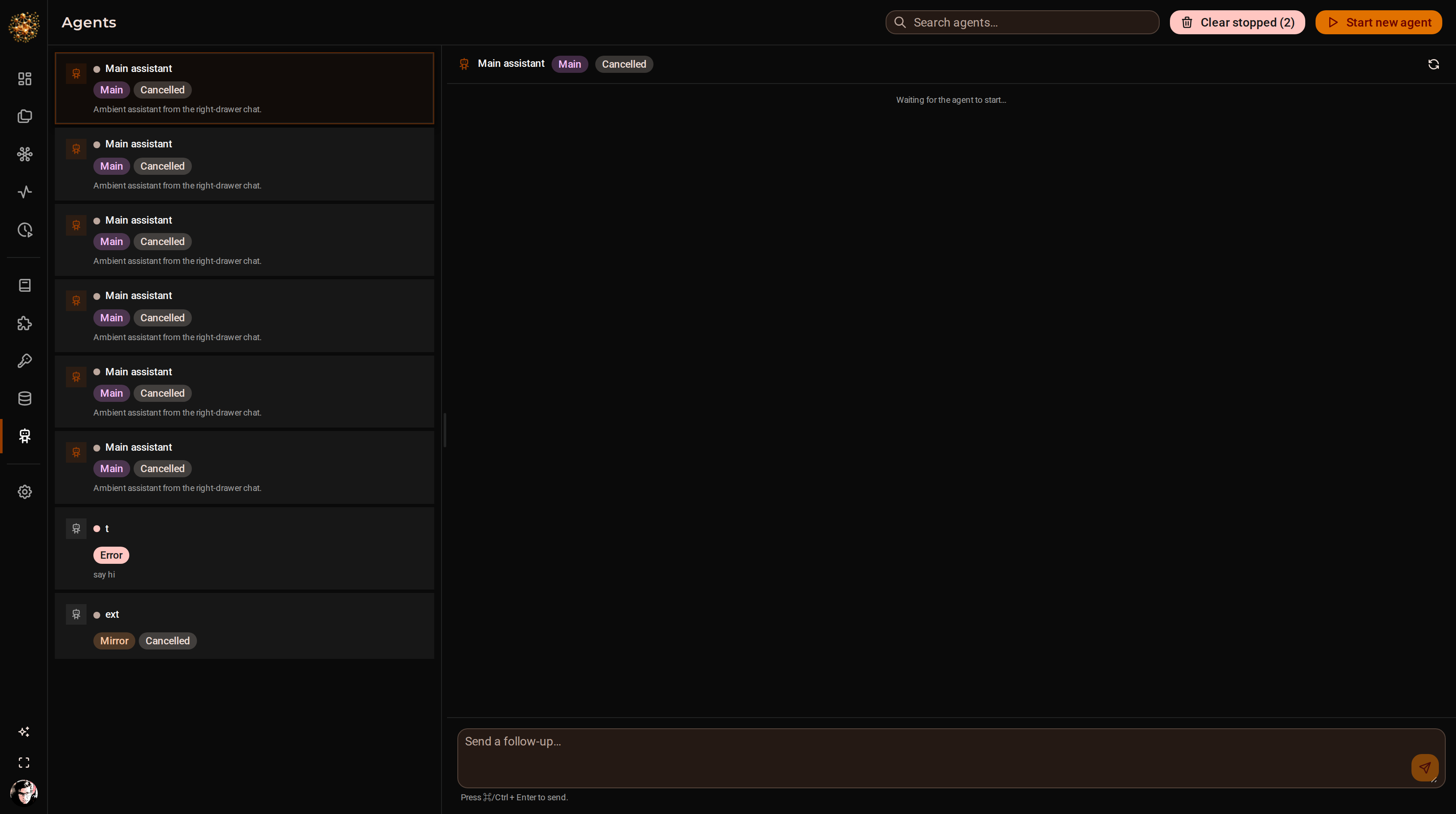 The DjiniousWorkflow agents page listing saved agent definitions with their missions and the tools each one is allowed to call.