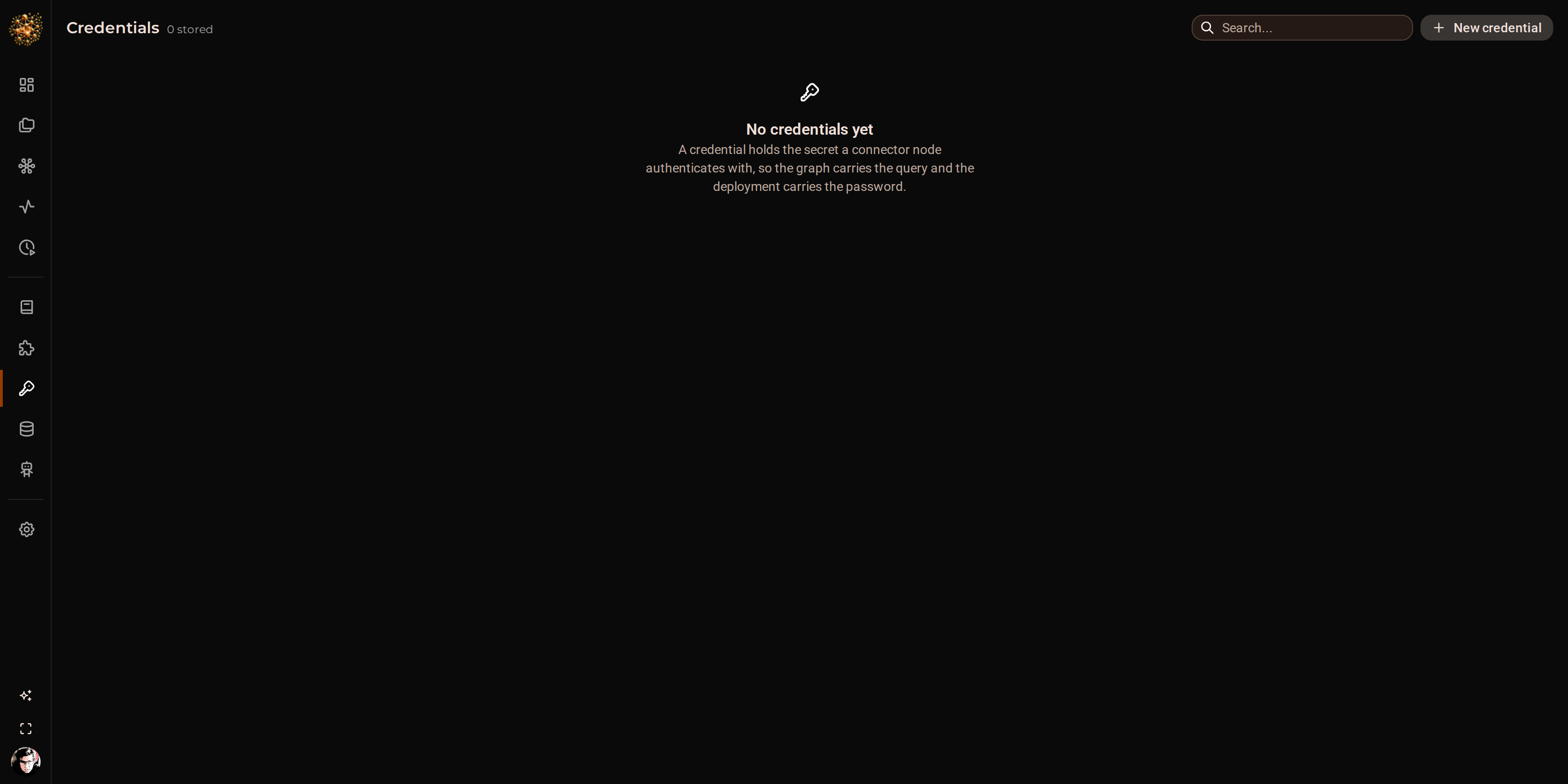 The DjiniousWorkflow credentials page, listing stored credentials by type with no value shown for any of them.
