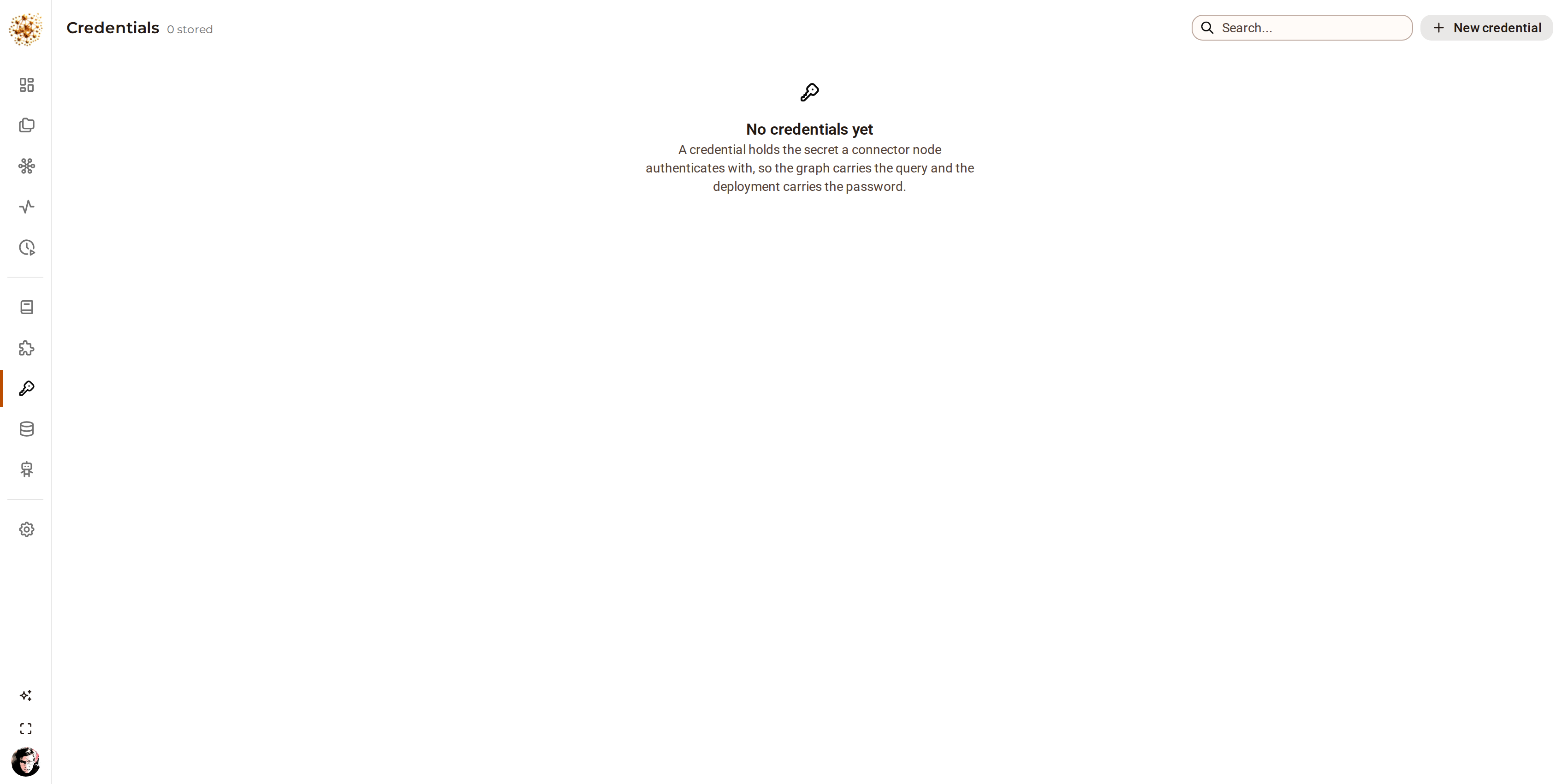 The DjiniousWorkflow credentials page, listing stored credentials by type with no value shown for any of them.