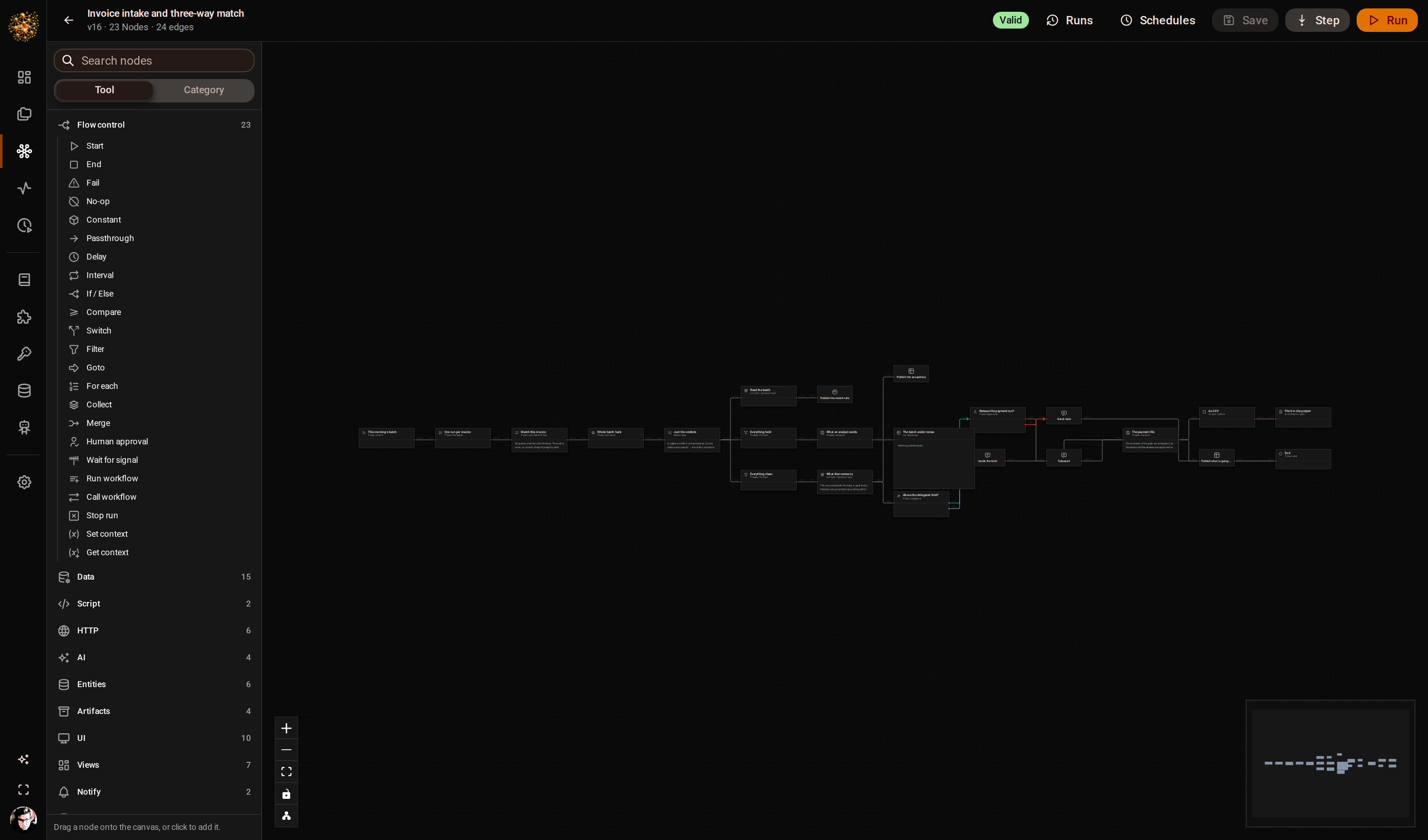 The DjiniousWorkflow canvas showing a twenty-three node invoice intake graph, with a fan-out into a sub-workflow call, a gather, branching into exceptions and payables, and an approval gate before the payment file is written.