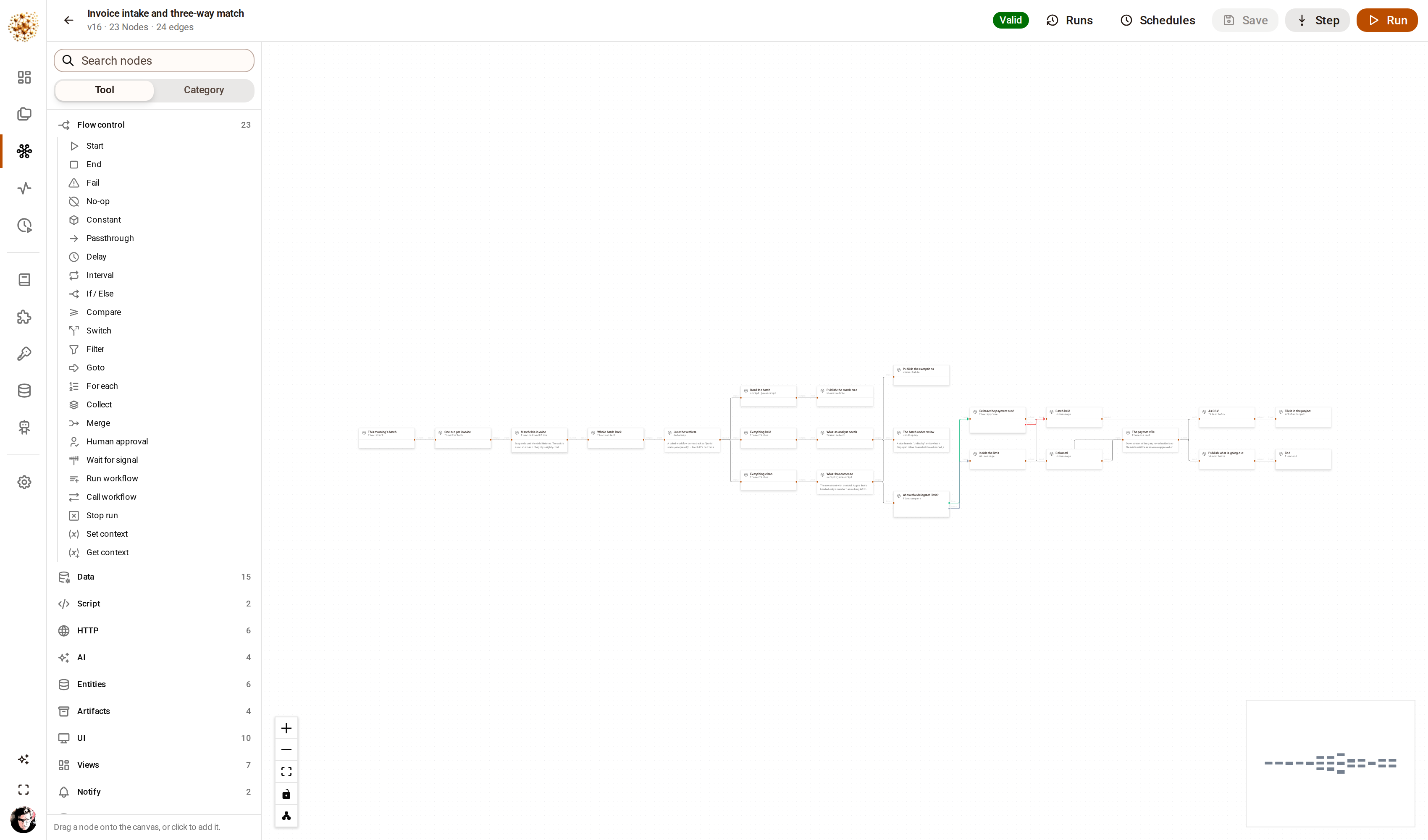 The DjiniousWorkflow canvas showing a twenty-three node invoice intake graph, with a fan-out into a sub-workflow call, a gather, branching into exceptions and payables, and an approval gate before the payment file is written.