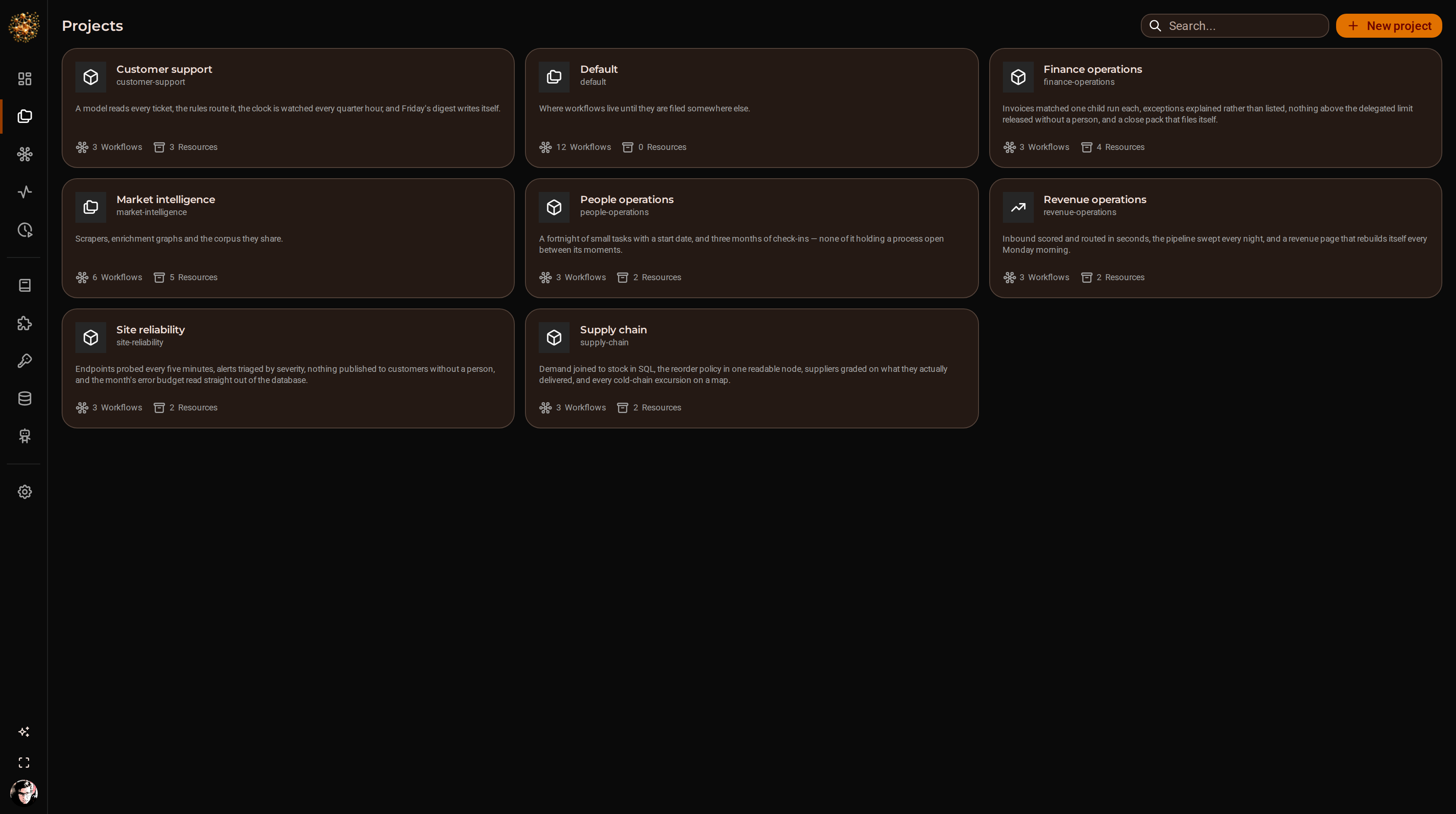 The DjiniousWorkflow projects page listing the six showcase projects — revenue operations, customer support, site reliability, finance operations, supply chain and people operations — each with its workflow and artifact counts.