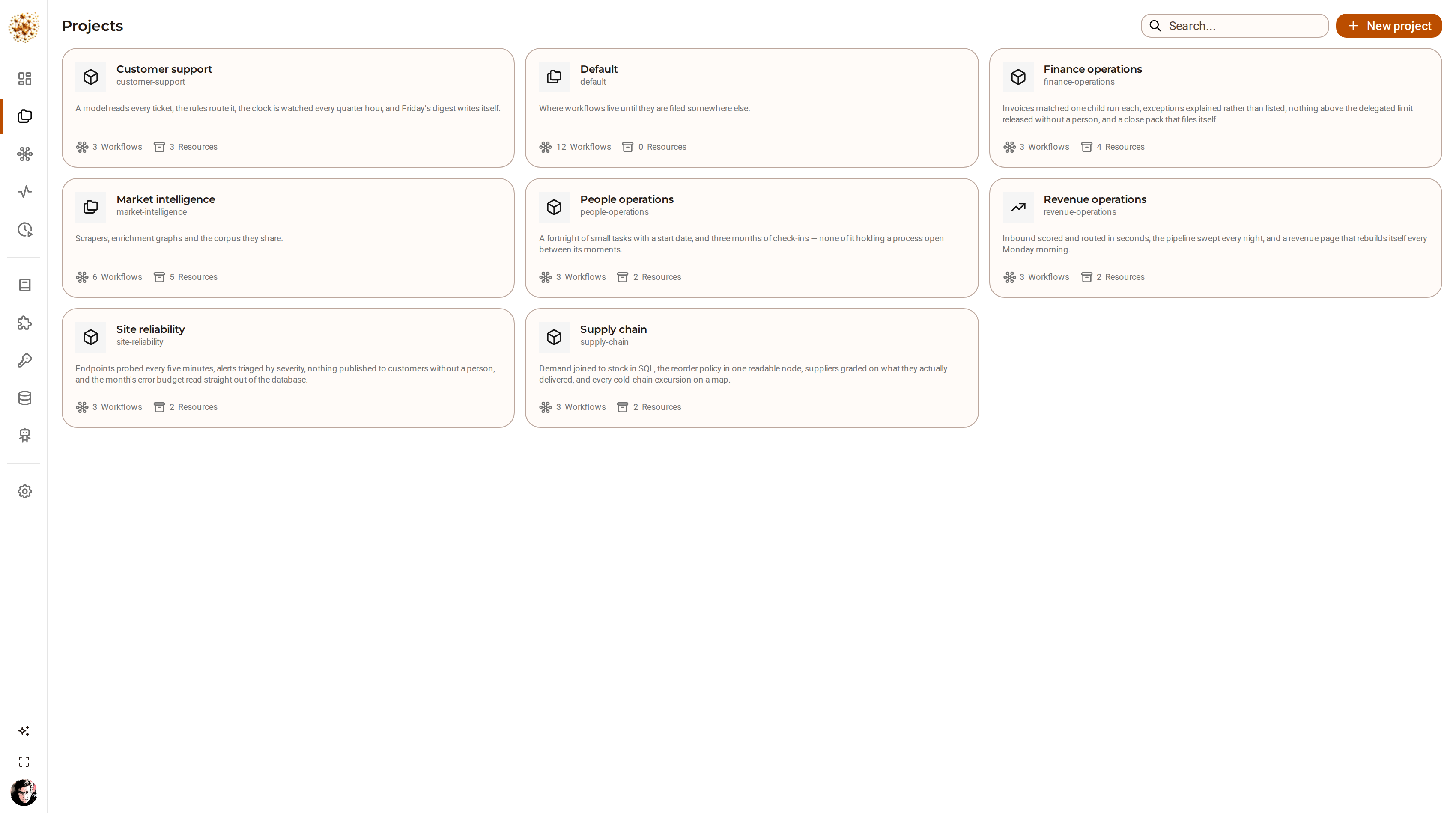 The DjiniousWorkflow projects page listing the six showcase projects — revenue operations, customer support, site reliability, finance operations, supply chain and people operations — each with its workflow and artifact counts.